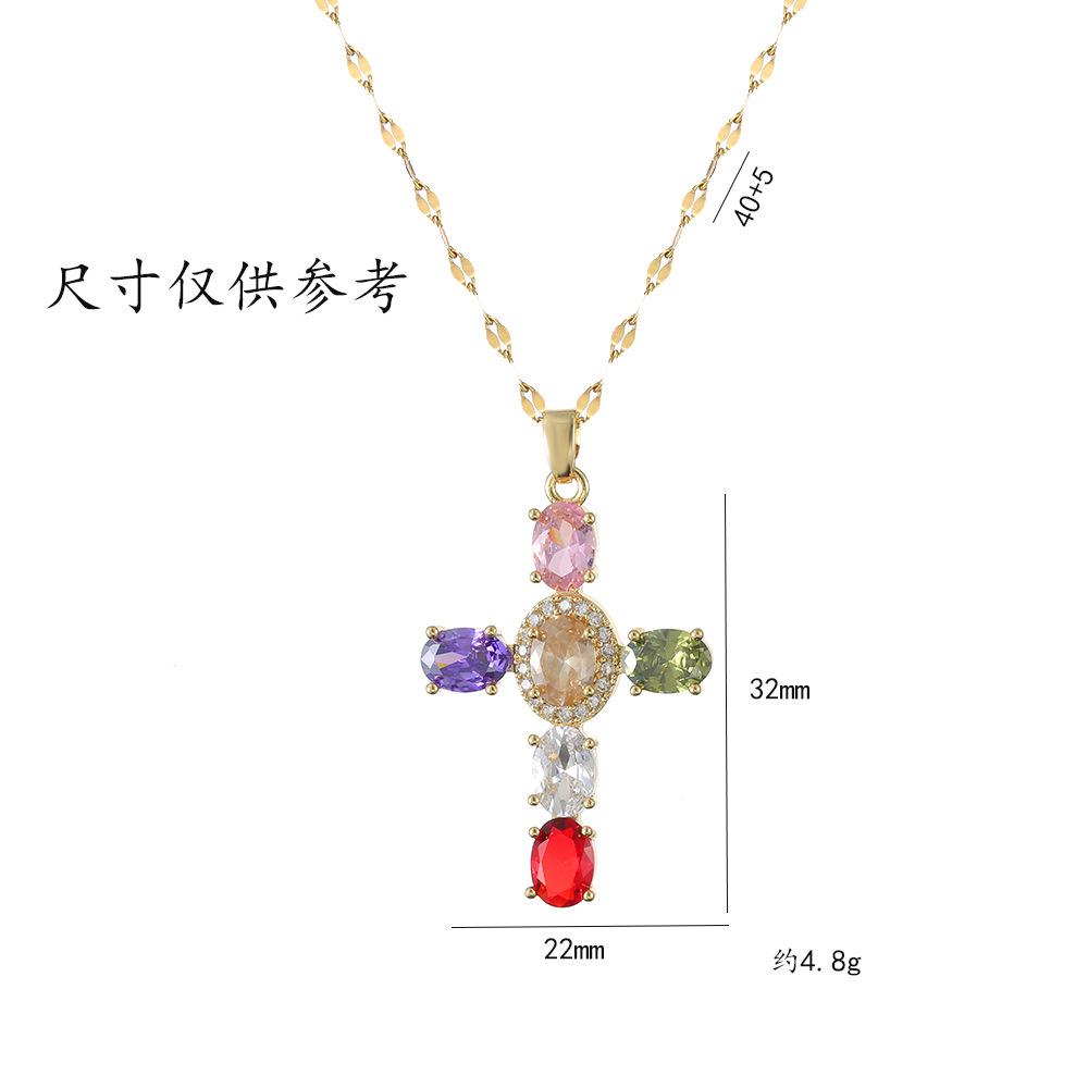 Luxury Female White Rainbow Zircon Stone Cross Pendant Necklace Vintage Gold Color Wedding  For Women