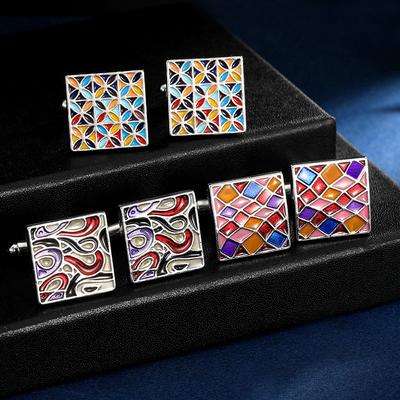 2024 New Design Colorful Enamel Square Cufflinks Man Shirt Accessories Fashionable Plaid Painted Formal Suit Sleeve Nails Button