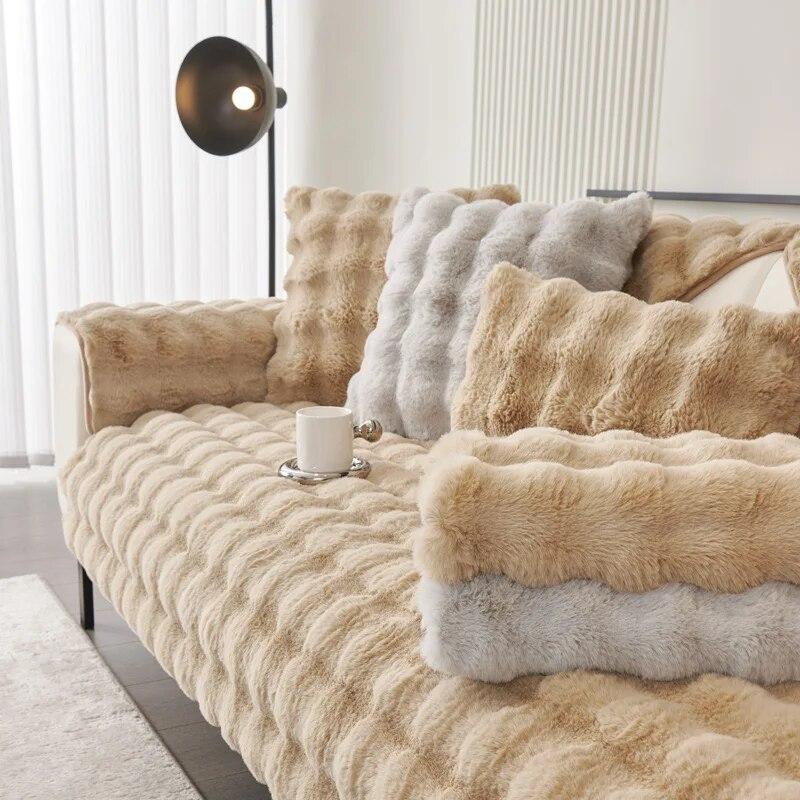 Soft Warm Faux Fur Couch Sofa Cover Thick Shaggy Fuzzy Sectional Couch Cover Non-Slip Solid Color Plush Sofa Slipcover Furniture