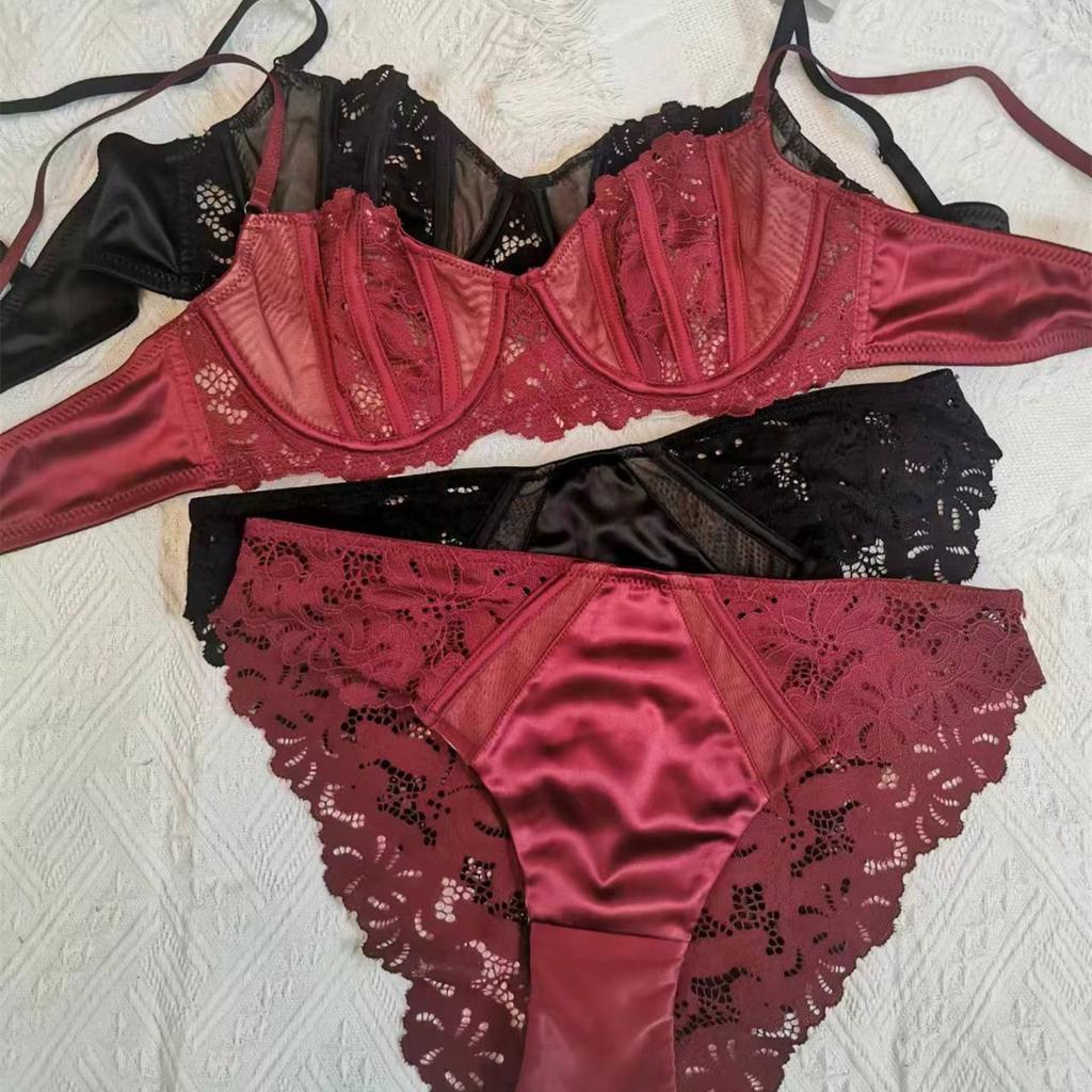French lace bra ultra-thin large chest small underwear women's anti-sagging steel ring upper support sexy bra