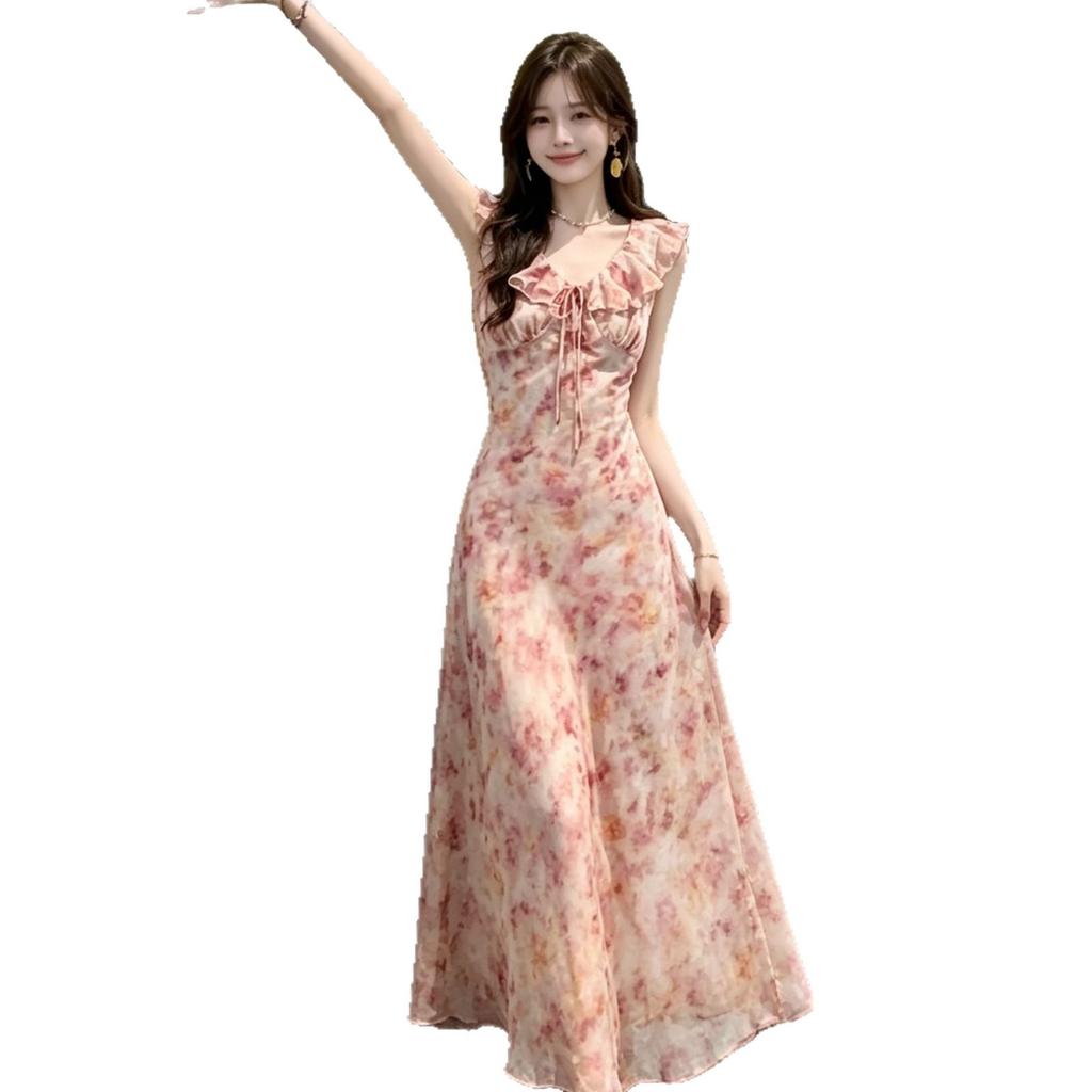 2026 Smudged Floral Dress Women's Summer V-neck Lotus Leaf Edge Waist Thin Temperament Vacation Style Gentle Long Dress