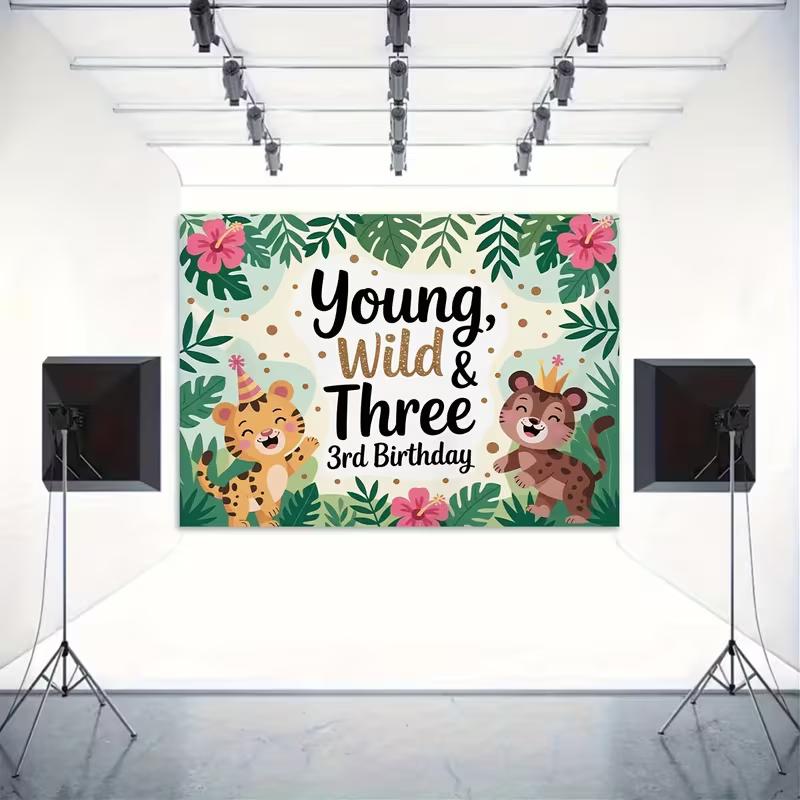 2D Young Wild & Three 3rd Birthday Backdrop Jungle Tiger Safari Photography Background Cloth