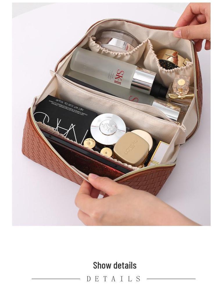 Reise-Make-up- und Toilettenartikeltasche mit gewebter Lederstruktur - Tragbar, Großes Fassungsvermögen, Hochwertiger Organizer