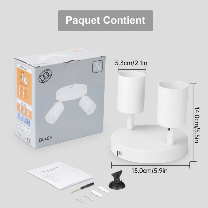 Plafonnier 2 spots - kambo - led blanc - gu10 - métal - articulé