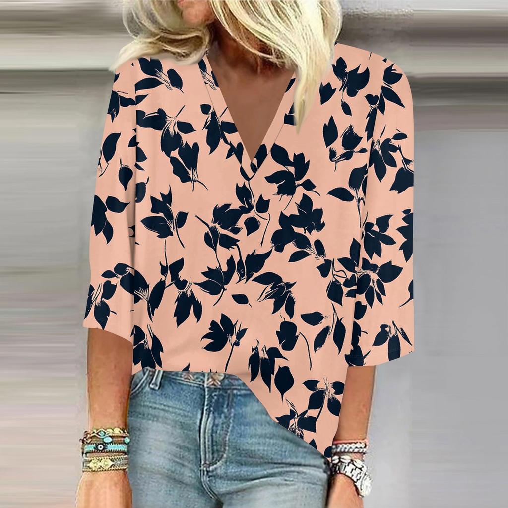 Women's Shirt Blouse Casual Loose Shirts 3/4 Sleeve Print V Neck Tops Print Tops T-shirts Tee