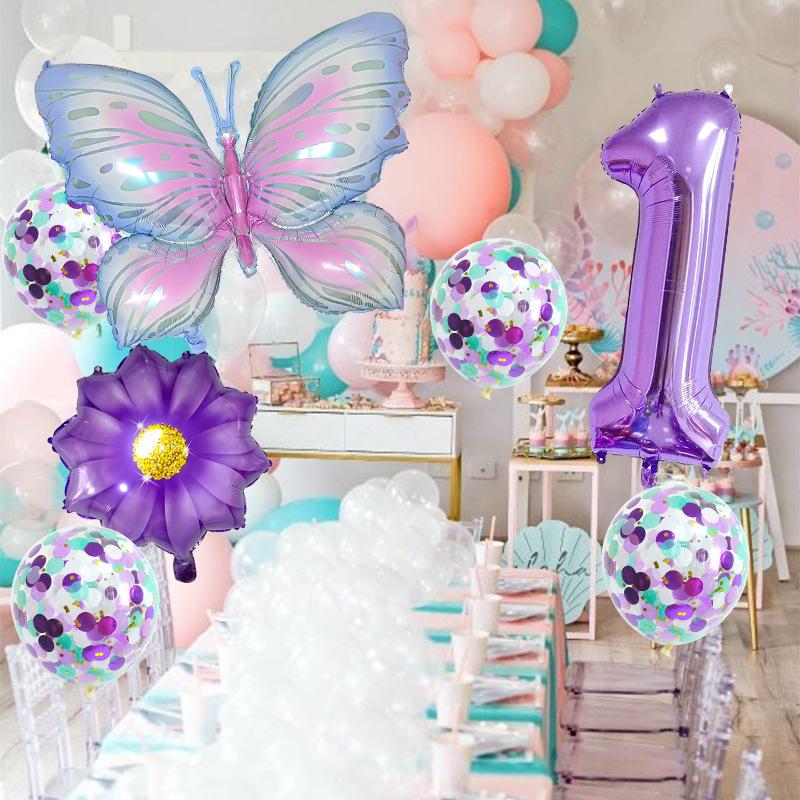 Purple And Pink Butterfly Balloon Set, Chrysanthemum Aluminum Film Confetti Balloon, Baby Rain Party Arrangement