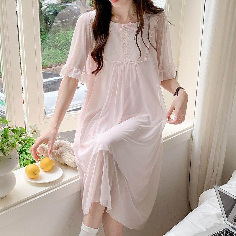 

Princess Ling Lei French Nightdress Women S Summer Mesh Sweet Pure Wind Short-Sleeved Long Dress Pajamas Loungewear 2XL