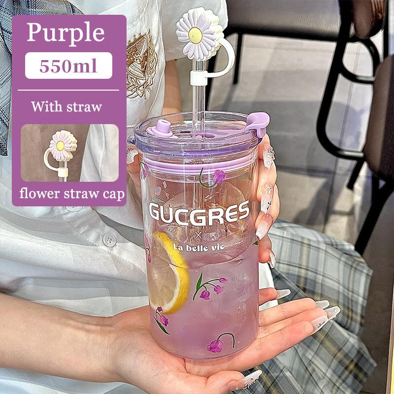 550ml Flower Glass Cup Clear Eyeglasses With Lid And Straw Bubble Tea Cup Ice Coffee Mug For Juice Milk Water Cups Drinkware