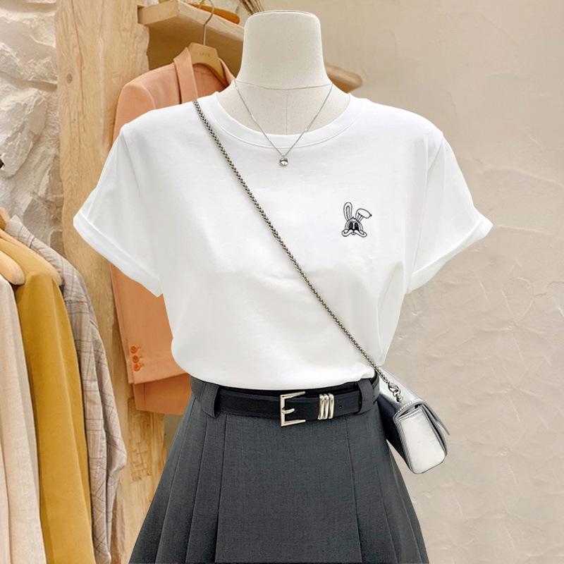 

2025 New Women s Shoulder Cotton Short Sleeve T-Shirt Fashion Versatile Foreign Style White Crew Neck Top Summer S