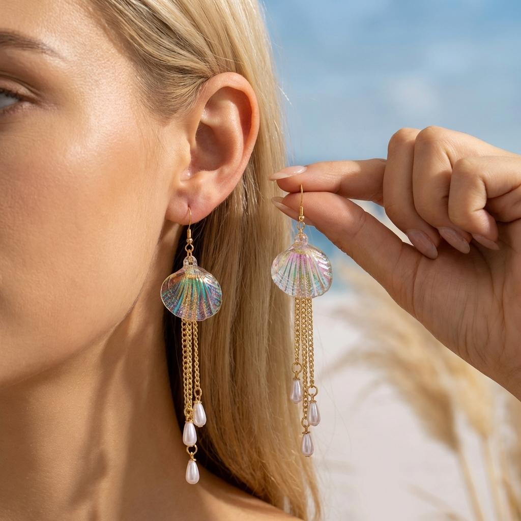 

Bohemian Summer Shell Tassel Earring For Women Exquisite Acrylic Long Chain Pearl Drop Earring Beach Vacation Resort Zircon
