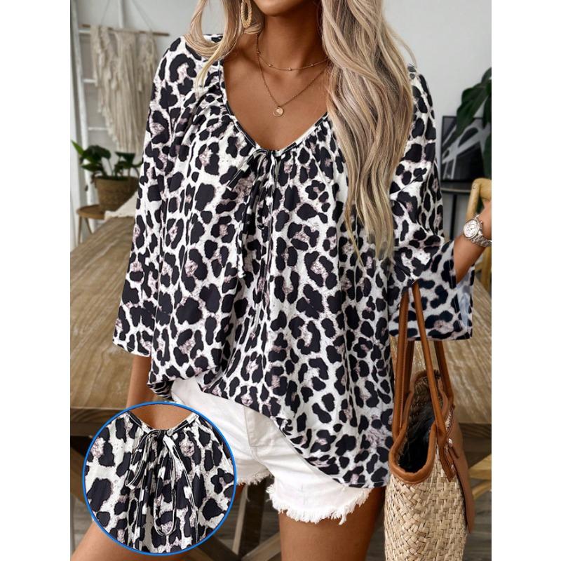 Spring and Summer Fashion V-neck Pleated Pullover Top with Leopard Print Half-sleeve Women’s Blouses & Shirts