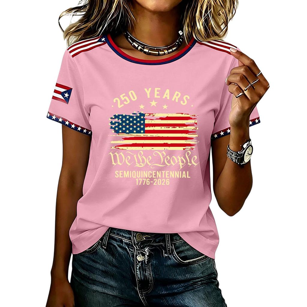 Womens Short Sleeve Crew Neck T Shirt Semiquincentennial 250 Years We the Flag Print Casual Top