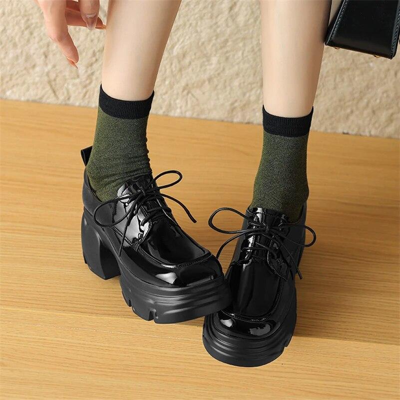 FOREADA Women Patent Leather Pumps Round Toe Platform Thick High Heels Lace-up Ladies Fashion Shoes Spring Autumn Black Beige