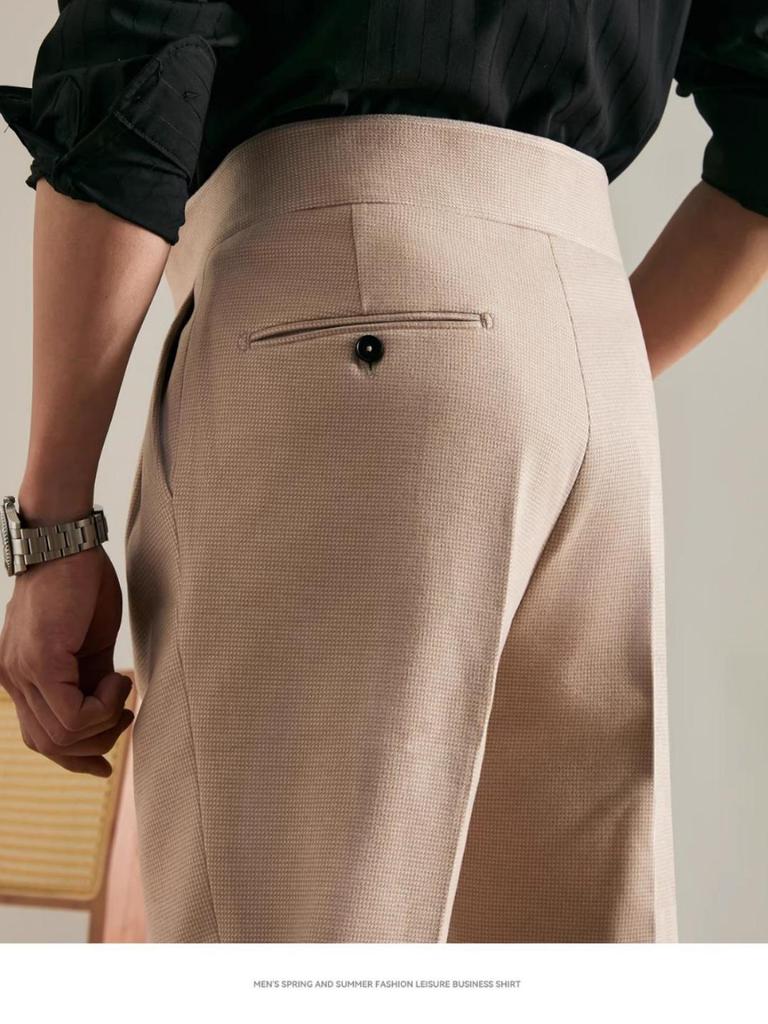 Men's High Waist Italian Gurkha Trousers - Business Formal Non-Iron Straight Leg with Paris Buckle