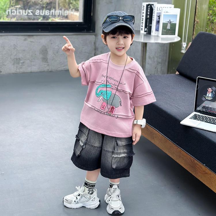 Boys Summer Elephant Cartoon Denim Shorts Set (2026) 150 cm
