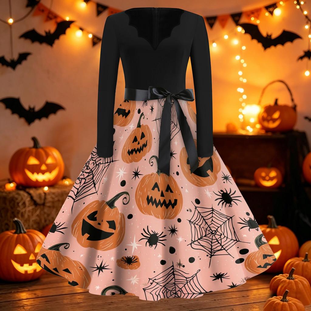 Women's Casual Vintage Halloween Dress V Neck Long Sleeve Retro Style Fit and Flare Knee Length Dress with Ghost Print and Waist Tie