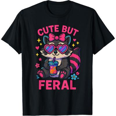 Cute But Feral Raccoon Meme Funny Animal Glasses Retro Humor T-Shirt