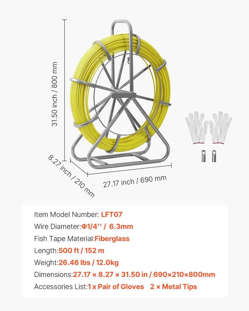 Fish Tape Fiberglass, 152M 6.3MM, Duct Rodder Fishtape Wire Puller with Stand, Cable Running Rod with Locking Mechanism, Fishing Tools, for Walls