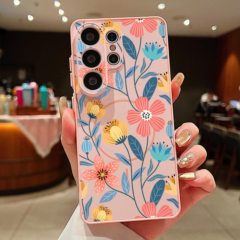 Cartoon Flowers Pattern Case For Samsung Galaxy S26 Ultra S25 Edge S24 Plus S23 FE S22 A54 A55 A56 5G Magnetic For Magsafe Matte Cover