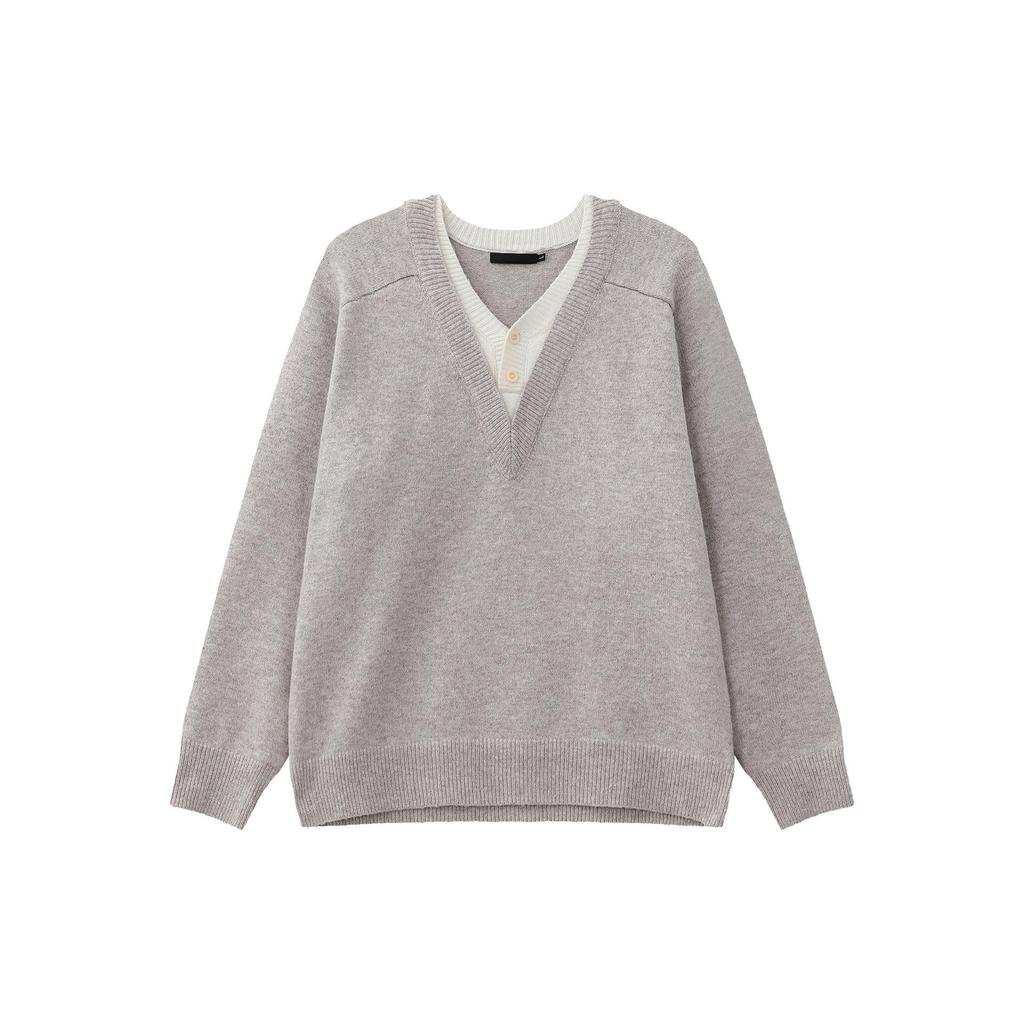 Men's Dark Grey V-Neck Faux Two-Piece Woolen Sweater, Winter Fashion, Trendy Old Money Style.