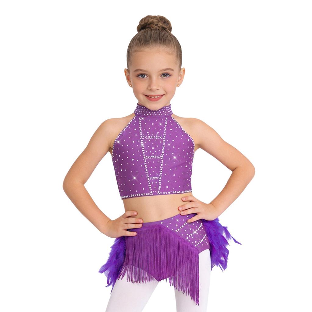 Girls Shiny Tassel Feather Latin Dress Halter Sleeveless Strappy Back Crop Top Skirt Set