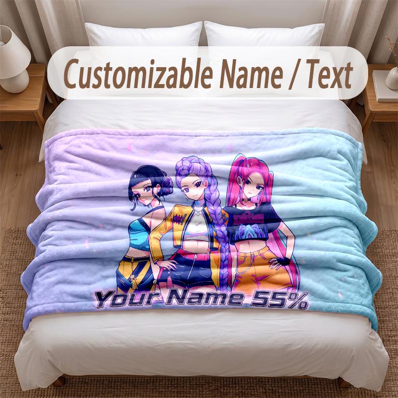 Kpop Demon Hunters Printed Flannel Blanket Custom Name Text Soft Warm Throw For Bedroom Holiday Gift