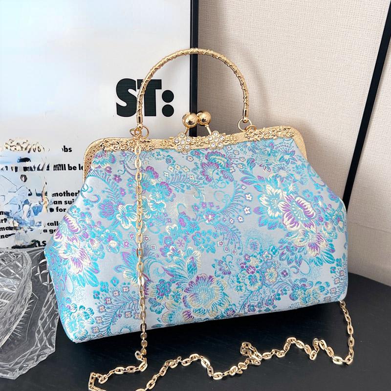 Vintage Women Wedding Clutch Flowers Lock Shell Clip Fringe Chain Shoulder Bags Purple Blue Crossbody Bags Handbags And Purses