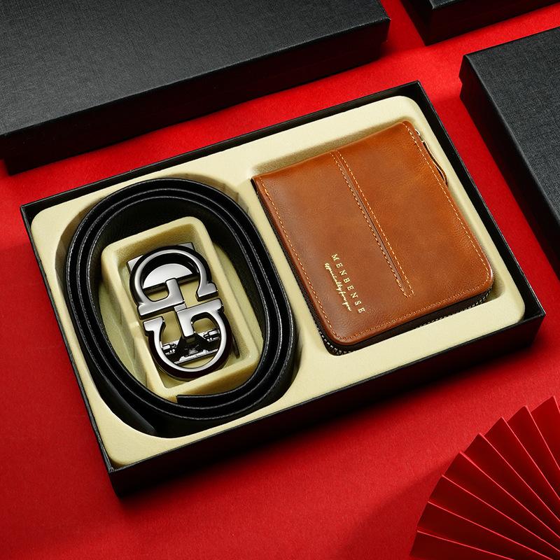 First Layer Cowhide Men'S Belt Wallet Gift Box Automatic Buckle Belt Wallet Combination High-End Gift Set