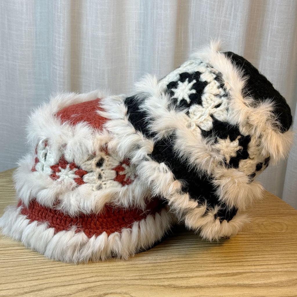 New Atmospheric Snowflake Hat Autumn and Winter Rabbit Hair Fisherman Hat Women's Warm Knitted Woolen Hat Plush Hat Basin Hat