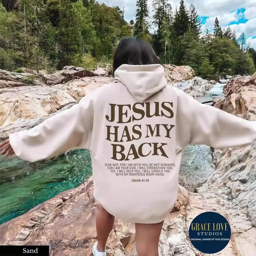 JESUS HAS MY BACK Velvet Hoodie Plain English Letter Slogan Print Kangaroo Pocket Drawstring Print Hoodie