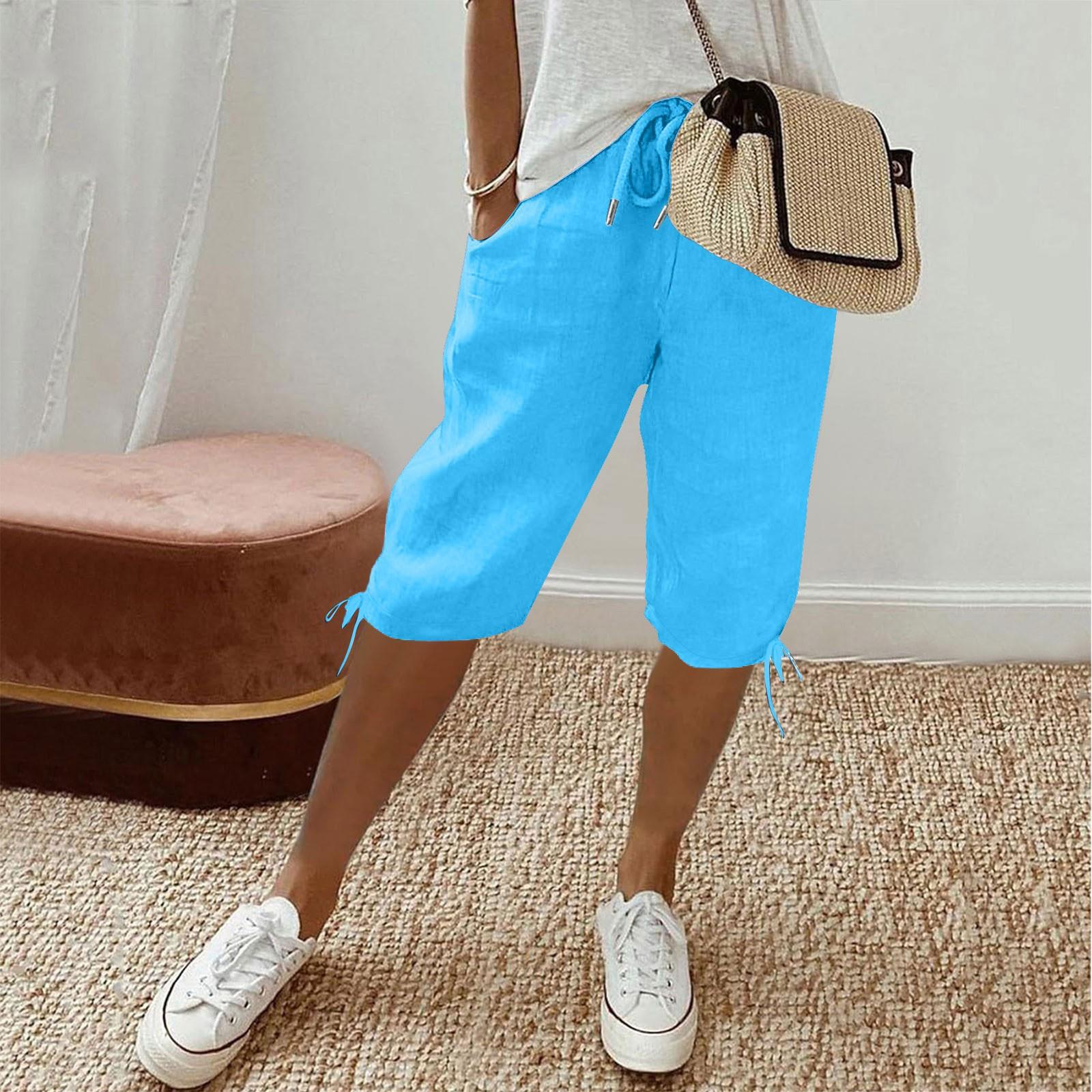 Women s Casual Pockets Elastic Drawstring Casual Pants Leg Drawstring Five Pants Pant XXL