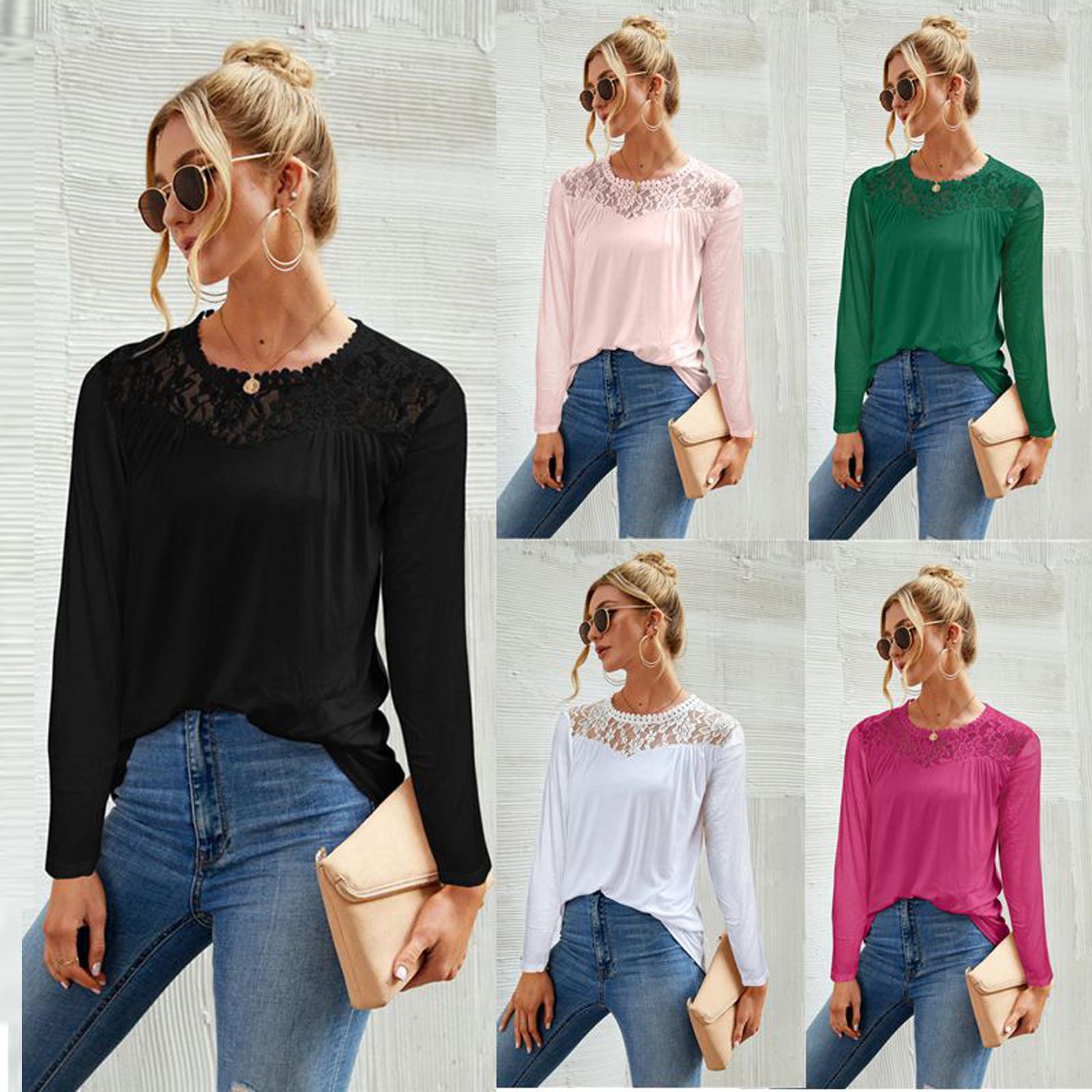 

Fashion Women s Round Neck Solid Color Lace Stitching Long Sleeved Blouse
