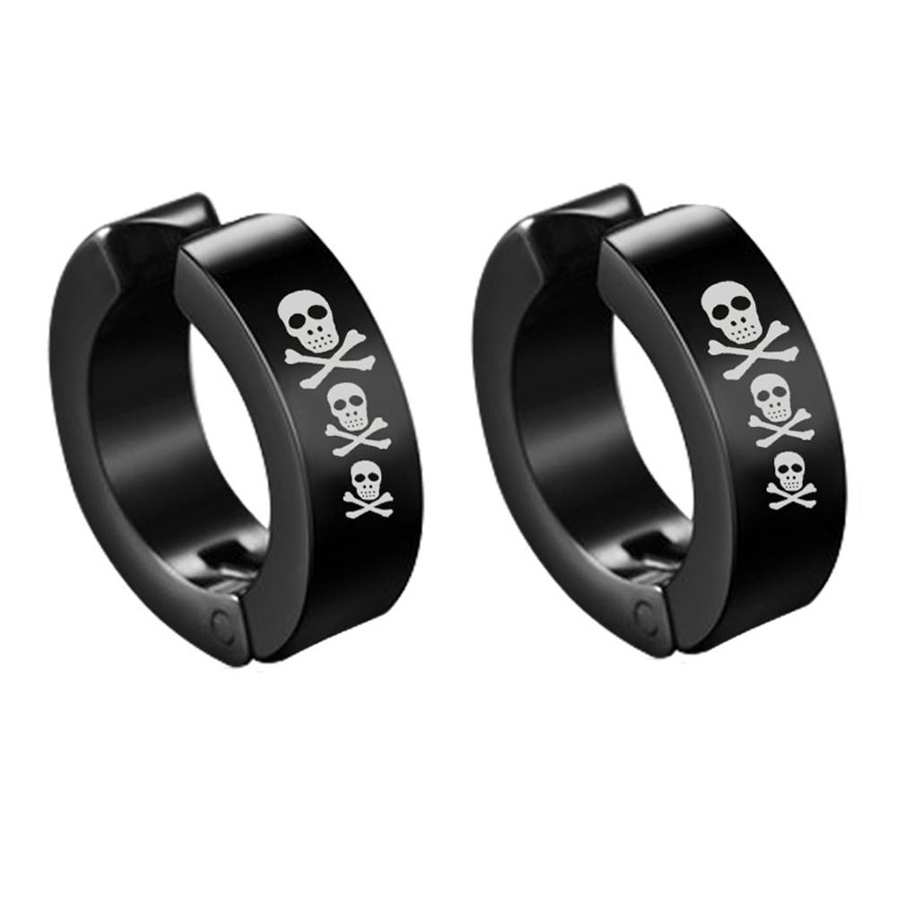 2pieces Punk Titanium Steel Ear Clip Earrings For Men Women Print Pattern Black No Pierced Fake Ear Circle New Pop Jewelry