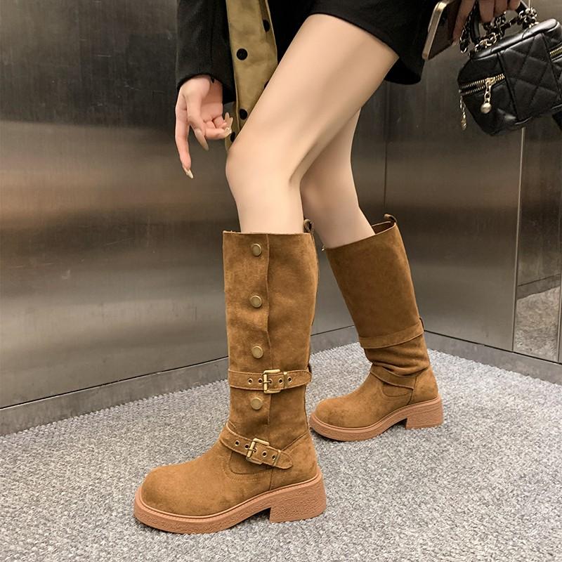 New Style Women'S Long Boots Fashionable Two-Piece Lapel Mid Leg Boots Retro Versatile Thick Soled Motorcycle Boot  Mujer