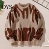 Comfy Casual Sweater Women Round Neck Long Sleeve Contrast Color Knitting Tops Loose Fit Printed Elastic Knitwear Daily Wear Pullover