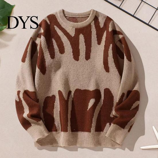 Comfy Casual Sweater Women Round Neck Long Sleeve Contrast Color Knitting Tops Loose Fit Printed Elastic Knitwear Daily Wear Pullover