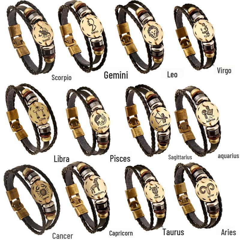 Twelve Constellations Genuine Leather Multi-layer Bracelet - Retro Woven Design for Couples
