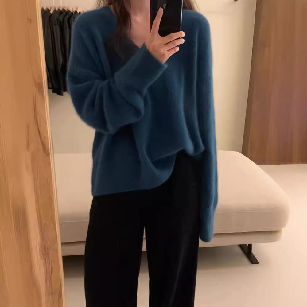 V-neck Knitted Sweater for Women Thick Autumn and Winter Loose and Fashionable Sweater Casual Long-sleeved Pullover
