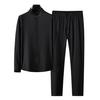 Men Shirt Pants Set Elastic Waist Wide Leg Stand Collar Plus Size Single-breasted Solid Color Thin Soft Casual Long Sleeve