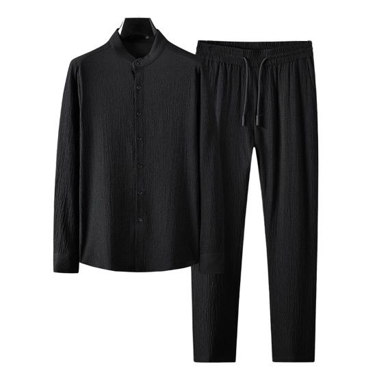 Men Shirt Pants Set Elastic Waist Wide Leg Stand Collar Plus Size Single-breasted Solid Color Thin Soft Casual Long Sleeve