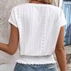 Women Tops V-Neck Short Sleeve Jacquard Decoration Pullover Tops Solid Color Loose Fit Elastic Hem T-shirt