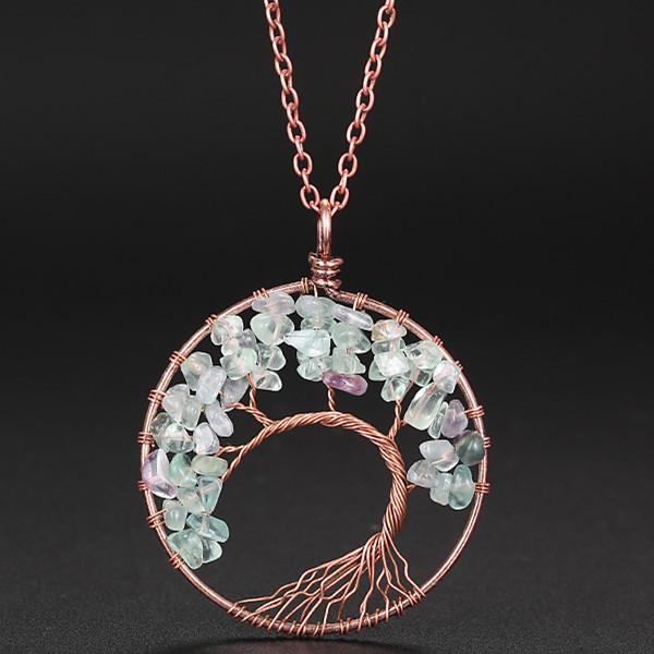 Hand-Wound Natural Stone Crystal Ancient Red Copper Curved Tree Of Life Curved Tree Necklace N01