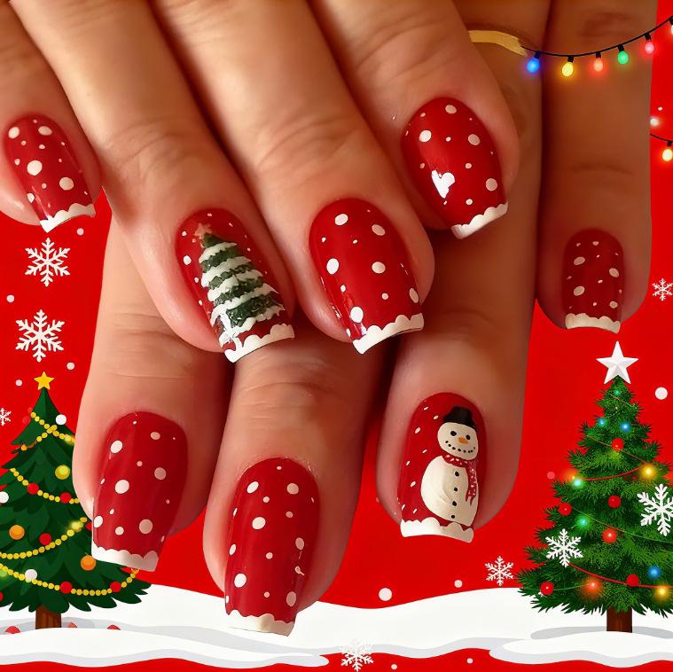 Christmas 24 Pieces Of Manicure Wearing Manicure Cute Christmas Tree Snowman Polka Dot Medium Length Wearing Manicure Jelly glue + rubbing strips*3pcs