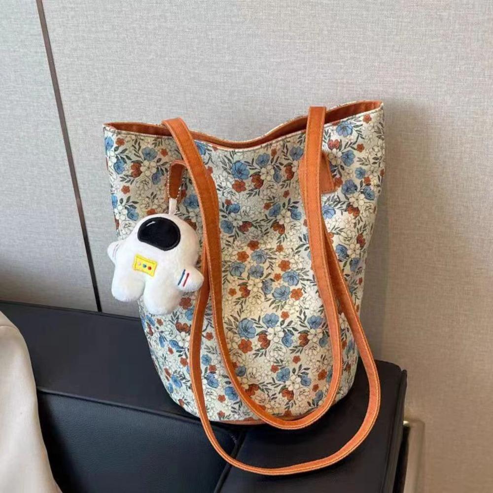 Fashion Women's Shoulder Bag Floral Pattern Canvas Bucket Bag Casual Large Capacity Handbag