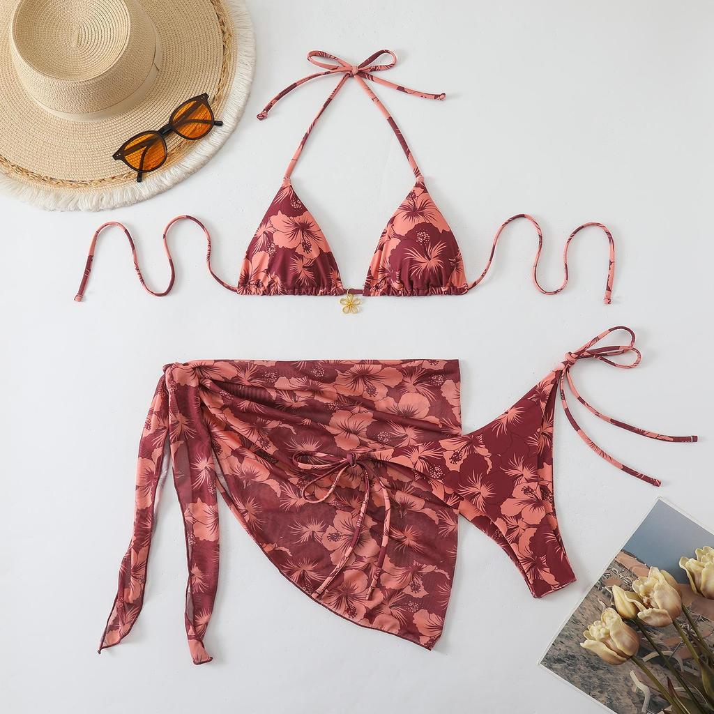 2026 Women's European & American High-Waisted Three-Piece Solid Color Swimsuit Bikini Set
