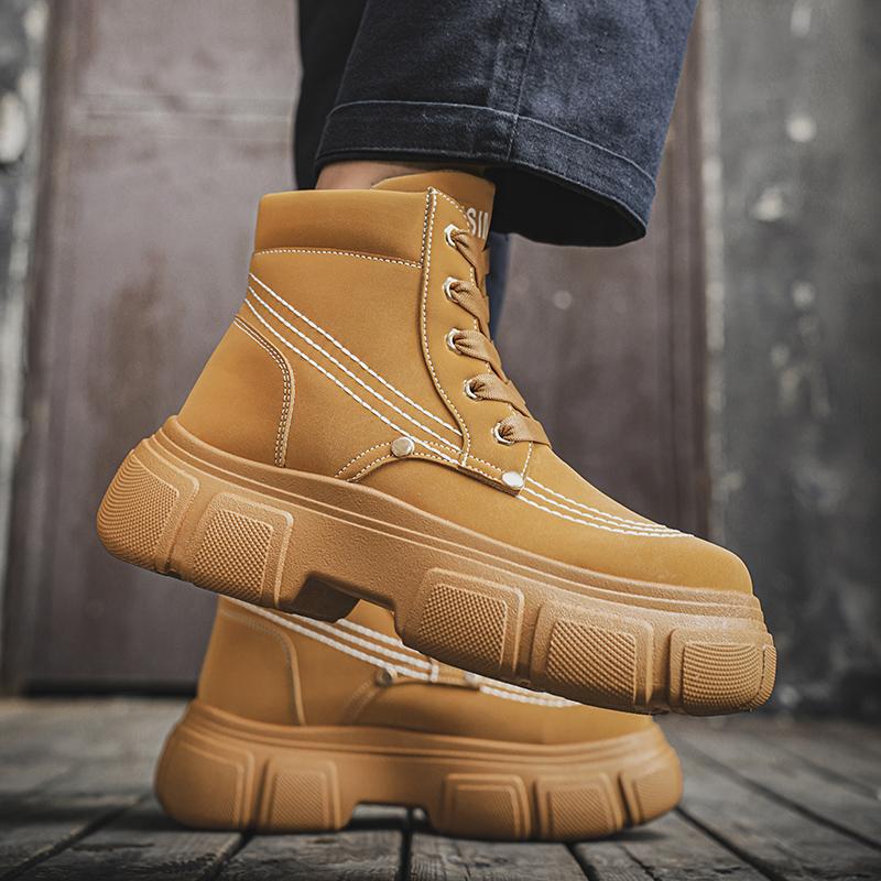 Fashion Hot Sale Autumn Men's Platform Boots Fashion Yellow Tooling Boot Men Comfortable Thick Bottom Leather Boots for Men Ankle Shoes
