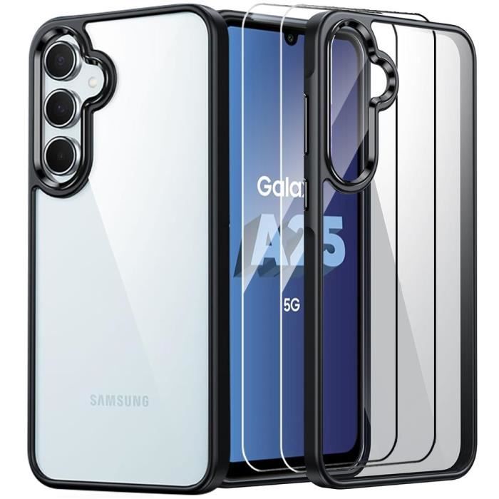 Coque - samsung - galaxy a25 5g - antichoc - slim - transparent et noir avec 2 verres trempés