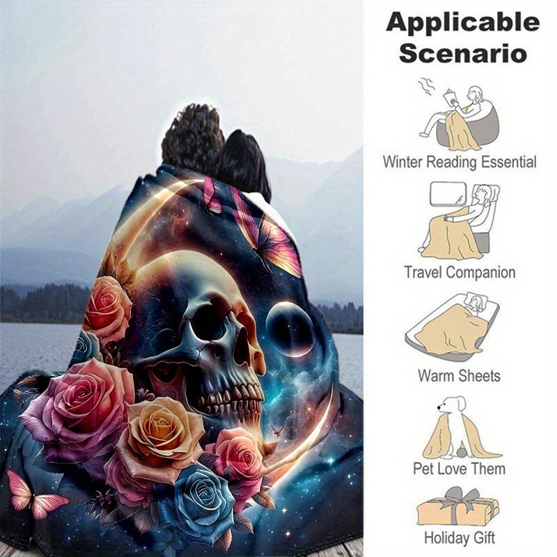 1pc Skull Surrounded by Roses Butterflies and Celestial Moons Super Soft Flannel Blanket Great for Bed, Sofa, Chair, Camping
