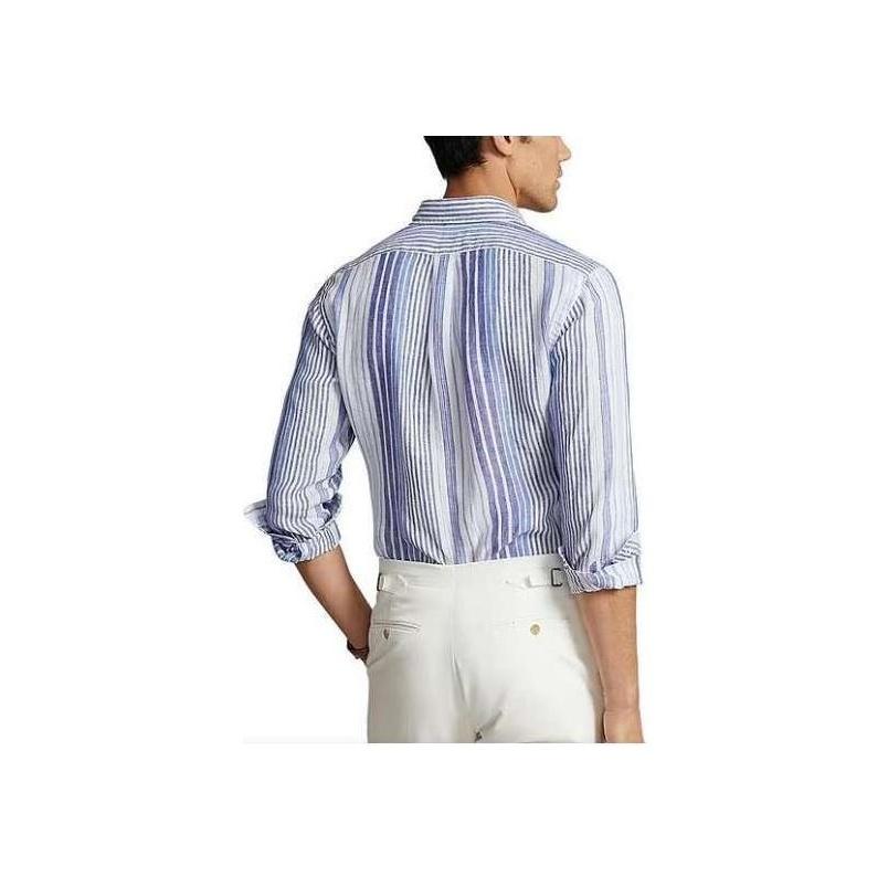 Polo Ralph Lauren Striped Print Pointed Collar Long Sleeve Shirt Men shirts Blue 710931799-001