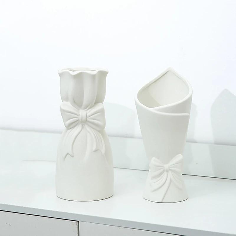 Nordic Ceramic Vase Flower Bottle White Bow Pot Ceramics Plants Vase for Dried Flower Living Room Home Wedding Table Decor Gift